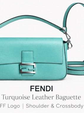 Fendi Turquoise Leather Baguette Shoulder & Crossbody Bag with FF Hardware